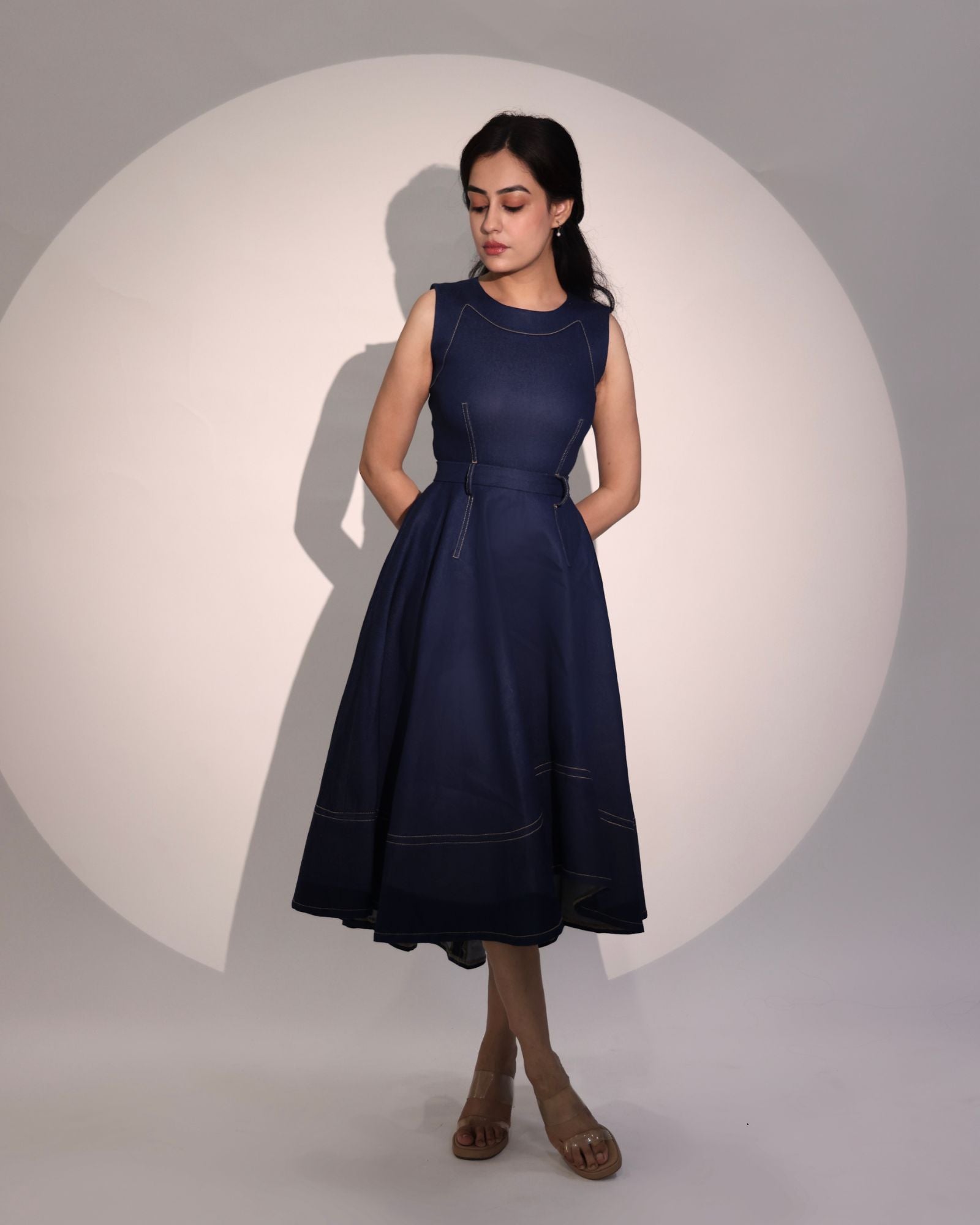studio denim dress The Nottingham Drop Waist Denim Midi Dress